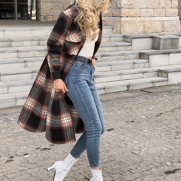 black red plaid pocket button down long coat - Picture 3 of 7